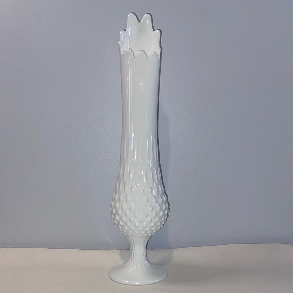 Vintage Fenton, white milk, glass hobnail vase, 13-14 in, EUC